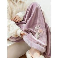 Golden Velvet Embroidered Flower Wide-Leg High Waist Pants S (for 75-90 lbs)