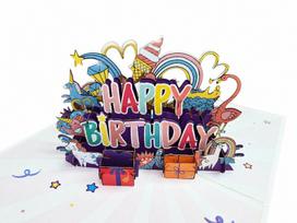 Išsiskleidžiantis 3D Pop-Up atvirukas gimtadieniui Happy Birthday, 13x18 cm, baltas vokas