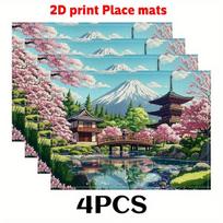 4/6/8pcs  2D Flat Mount Fuji Cherry Blossom Table Mat Linen Placemat Japanese Style Dining Mat Home Decor Kitchen Accessories 4PCS