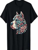 Floral American Pitbull Terrier Dog Flower Graphic Design T-Shirt S įvairiaspalvis