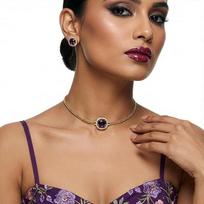 Elegant Stylish Choker Necklace Set with Earrings | Antique Gold Plated with Zircon & American Diamond |