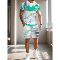 Men's Abstract Geometric Print Set: Vibrant Blue White Pattern Tee with Matching Shorts. Summer Beach Holiday Streetwear for Vacation Travel S įvairiaspalvis