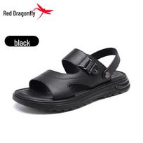 Men's Summer Red Dragonfly Leather Sandals: Non-slip, Odor-resistant, Wear-resistant, Soft Bottom Dual-use Slippers for the Beach 42 juoda
