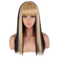 MISS WIG Long Straight Mixed Color Wigs Gold Bangs hair Ladies Synthetic  Wigs Gold and Black Wigs Shoulder Length For Daily Party Women