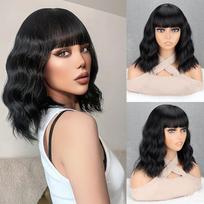 Miss Wig trumpas garbanotas perukas Super Natural Wave Hair Sintetiniai perukai su kirpčiukais moterims Black Wig Party Perukas 30cm
