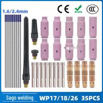 WP-17/18/26 suvirinimo pistoleto priedų rinkinys - 35 dalių volframo strypo spaustukas, pistoleto uodega, porcelianinis antgalio kreiptuvas WP-17/18/26 TIG welding accessories kit, 35 pieces