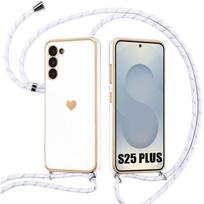 Case for Samsung Galaxy S25 Plus (S25+), Soft Silicone Heart Pattern with White Cord balta