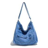 Fashionable Denim Tote Bag for Commuting, Single-shoulder Crossbody Bag, College Student Artistic Bag Pouch šviesiai mėlyna spalva