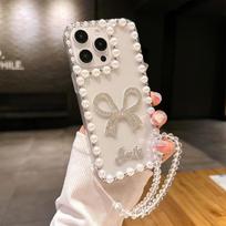 Pearl love bow for iPhone16Pro mobile phone case women's Apple 15 silicone case 14 rhinestone lanyard iphone 11pro
