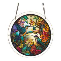 Round Acrylic Window Hanging Suncatcher Decorative Panel with Bird and Floral Pattern Stained Glass Style 2D Art for Home and Office One Size