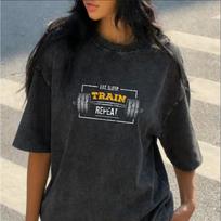 Washed Black Gym Barbell Graphic T-Shirt Eat Sleep Train Repeat Fitness Print Casual Crew Neck Top for Men Women S