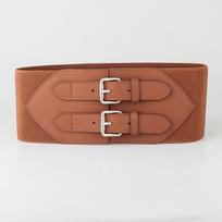 High-End Women's Black Double Buckle Ultra-Wide Elastic Leather Waist Cincher Belt for Trench Coats and Shirt Dresses