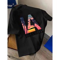 European sizes Men's T-Shirt with LA Lettering, Palm Tree and Sunset Design - Los Angeles Style Round Neck Short Sleeve Tee S juoda