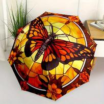 Stained Cute Butterfly Window Panel - Vibrant Orange and Red Design with Floral Accents - Decorative Art for Home or Garden Um