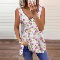 Women's Top Summer Two Tone Rose Printed Casual Plus Size Sleeveless Zipper V-neck Top Tank Top XS rožinė