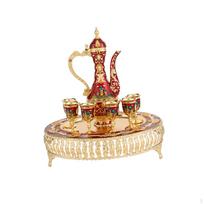 Turkish Coffee Cup and Tea Pot Set ,Teapot Tray 6 Metal Cups Ornament, Vintage raudona