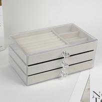 Trijų sluoksnių akrilinė papuošalų laikymo dėžutė auskarams, žiedams, karoliukams ir apyrankėms 23.5 x 13.5 x 11 cm smėlis