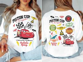 2 sided Disney Pixar Cars Lightning McQueen Shirt Piston Cup Champion Shirt Radiator Springs Shirt S