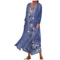 Women's Fashion Casual Print Round Neck 3/4 Sleeve Loose Pocket Dress L mėlyna