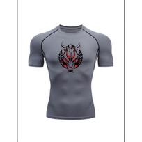 Men'S Grey Red-Eyed Wolf Head Print Compression T-Shirt, Quick Dry Short Sleeve Gym Workout Tee, Mythical Tribal Wolf Athletic Training Top for Men S