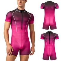 S-3XL Men Surf Swimwear Gradient Print Jumpsuit Short Sleeve Front Zipper Boyshorts Bodysuit for Scuba Diving Beach S