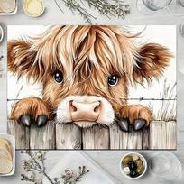 Cute Highland Cow Head Fence Kitchen Table Mats, Coffee Cup Coasters, Bowl Mats Heat-Resistant Placemats, Home Scene Decoration 4PCS