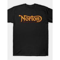 Norton Motorcycles Vyriški sunkaus audinio medvilniniai motociklininko marškinėliai - Juodi marškinėliai su ryškiu oranžiniu ir raudonu logotipu, įprasto kirpimo kvėpuojantys marškinėliai važinėjimui, S juoda