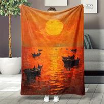 Heavyweight Flannel Throw Blanket - Vibrant Orange & Yellow African-Inspired Sunset Print with Boats & Figures - Tear-Res 130x150cm51x59in