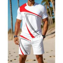 Men's Dynamic Abstract Ensemble: Vibrant Short Sleeve Tee with Elastic Waist Shorts. Comfortable Fit Casual Suit for Summer Vacation S balta