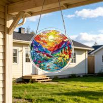 1cm Acrylic Puzzle Suncatcher Hanging Decoration Round Shape Landscape Design with Interlocking Pieces for Window Display and Room Ornament