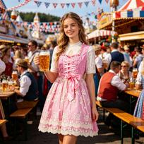 Traditional Oktoberfest Dress Women Bavarian Dirndl Costume Lace Apron Festival Outfit German Style Authentic Design XXXL rožinė