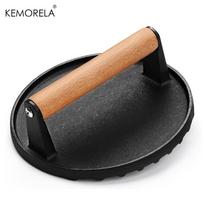 Heavy Duty Cast Iron Burger Press for Blackstone Griddle -17.53 cm Round Grill Press with Wooden Handle For Steak Bacon Press