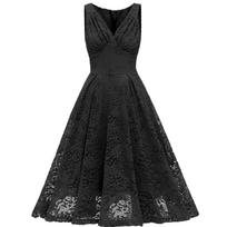 Women's Fashion Vintage V-Neck Short Sleeve Contrast Dovetail Slim Lace Evening Dress XXL juoda