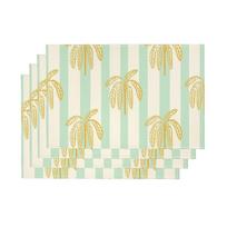 4pcs Tropical Palm Leaf Placemats Mint Stripe Gold Outline Washable Table Mats for Coastal Café Summer Breakfast Dining Decor 4PCS