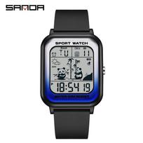 Sanda Student Panda Pattern Trendy Waterproof Electronic Square Watch for Men and Women juoda mėlyna spalva