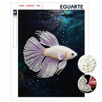 5D Round Pearl Painting Kit Siamese Fighting Fish Pattern DIY Handmade Rhinestone Art Home Interior Decor Gift 30x40cm