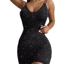 Lady Sheath Dress Slim Fit Cross Strap Butterfly Back Mini Dress Pleated V Neck Sleeveless Glittering Short Dress for Club Prom Party S juoda