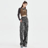 American Retro Camouflage High Waisted Work Pants Sweet And Spicy Street Hip-Hop Loose Straight Leg Jeans For Women XS