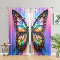 2 pieces, multi-color butterfly printed curtains - semi transparent - suitable for living room, bedroom, kitchen, home decoratio W150CM H166CM&Rod pocket violetinė