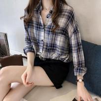 Retro Hong Kong Style Women's Plaid Long Sleeve Loose Shirt, 2022 Spring Korean Design Trend Triple Extra Large mėlyna