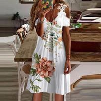 Women's Printed V-Neck Strapless Short Sleeve Spliced Lace Dress XXXL rožinė