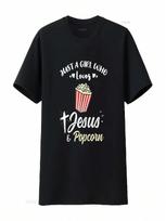 Just A Girl Who Loves Jesus And Popcorn T Shirt Vintage Washed Soft Top For Everyday Wear Graphic Stylish Breathable S įvairiaspalvis