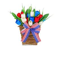 Artificial Tulip Wall Hanging with Wicker Basket and Decorative Ribbon for Indoor or Outdoor Display Suitable for Home Office or Event Decoration