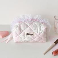 Large Capacity Toiletry Case Quilted Cosmetic Organizer Fashion Zipper Ruffles Pen Bag  Travel rožinė