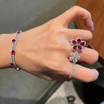 Colorful Scarlet Ruby & Purple Cubic Zirconia Flower Ring, 18K Gold-Plated, Adjustable for Women Adjustable Open Size