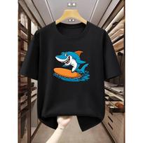 European sizes Men's Cotton T-Shirt with Shark Surfing - Short Sleeve Round Neck Casual Summer Beachwear, & Shark Tee S juoda