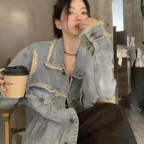 Retro Raw Edge Vintage Denim Jacket For Women's Spring And Autumn Loose Fitting Long Sleeved Jacket Top S šviesiai mėlyna spalva