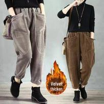 Moteriškos flisu pamušalu velvetinės haremo kelnės - Elastinis juosmuo, Didelių dydžių, Kasdienio stiliaus, Morkos formos, Puikiai tinka rudeniui ir žiemai Large (L)