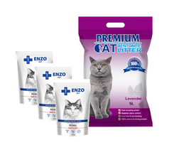 Premium Cat Clumping Bentonite Litter - levandų kraikas katėms 5L + 3x ENZO VET Renal su jautiena želė katėms 100g