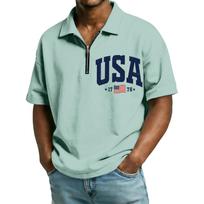 Men’s Short Sleeve Polo Shirt with Half Zip Collar USA Letter Print and Flag Embroidery Casual Fit Top L žalsvai mėlyna